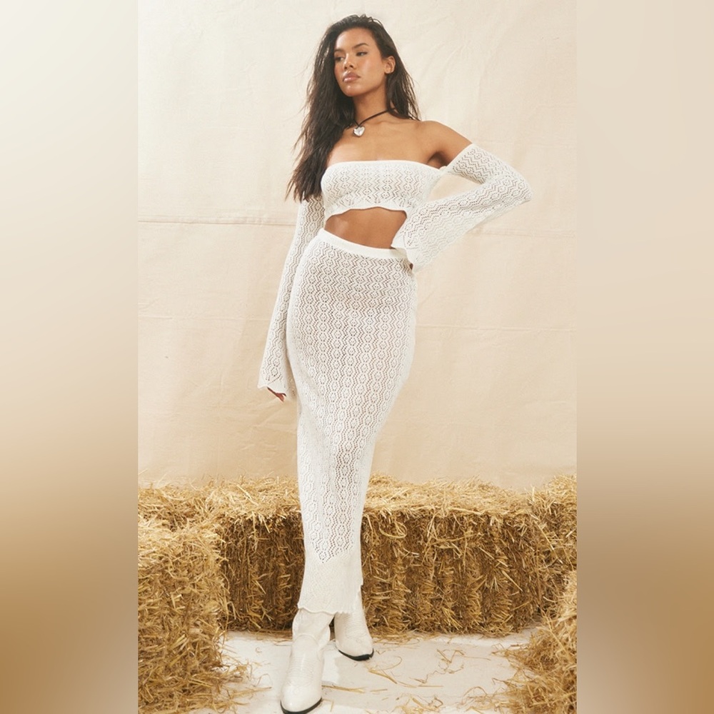 White Crochet Floaty Maxi Skirt and Top Matching Set